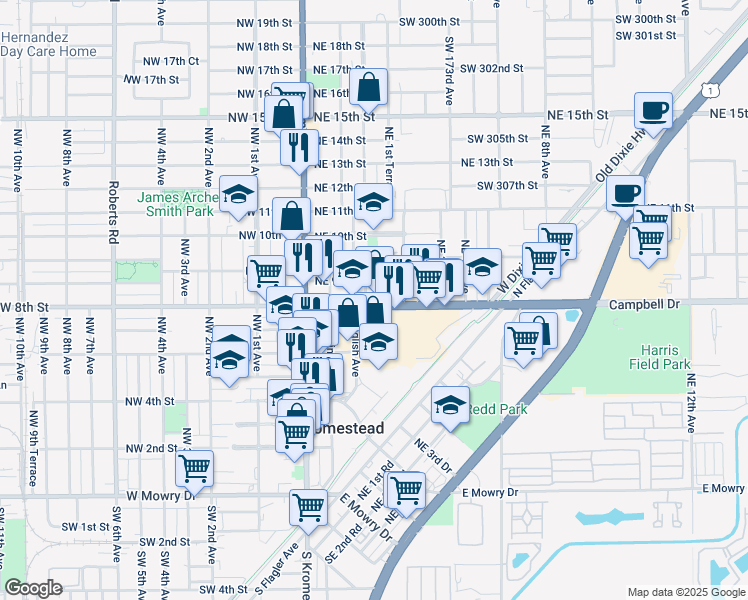 map of restaurants, bars, coffee shops, grocery stores, and more near 135 Northeast 8th Street in Homestead