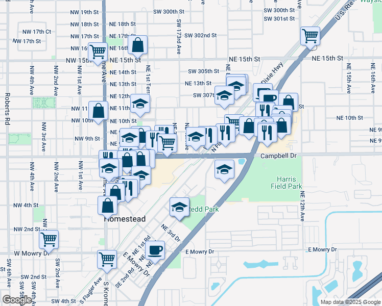 map of restaurants, bars, coffee shops, grocery stores, and more near in Homestead