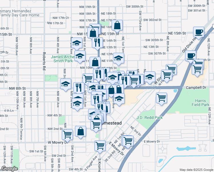 map of restaurants, bars, coffee shops, grocery stores, and more near 55 Northeast 8th Street in Homestead