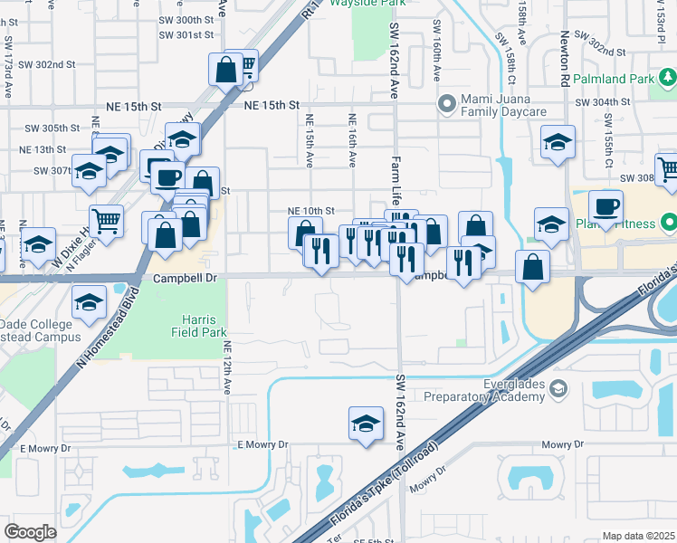 map of restaurants, bars, coffee shops, grocery stores, and more near 1561 Northeast 8th Street in Homestead