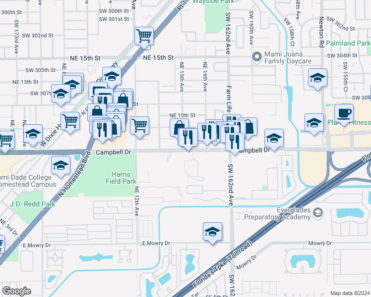 map of restaurants, bars, coffee shops, grocery stores, and more near in Homestead