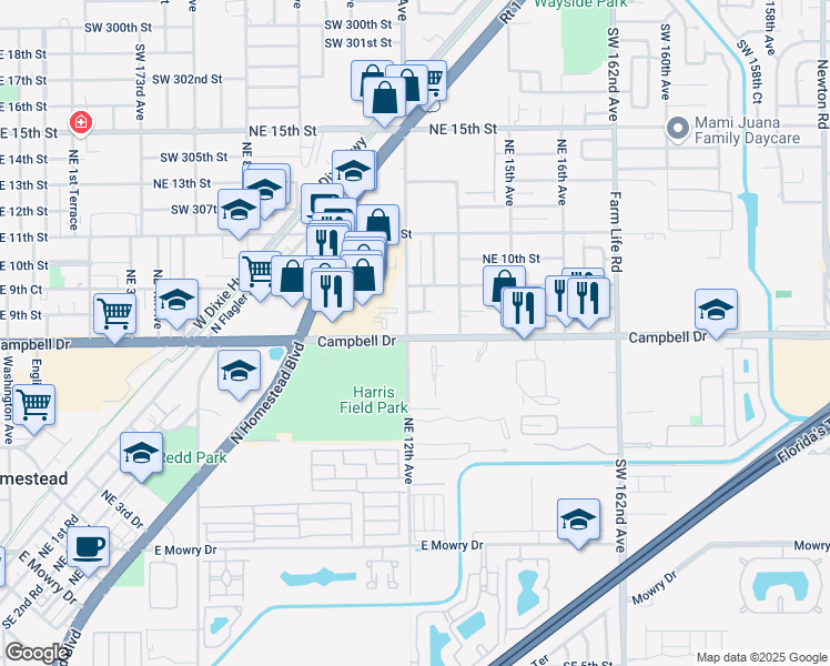 map of restaurants, bars, coffee shops, grocery stores, and more near 1239 Northeast 8th Street in Homestead