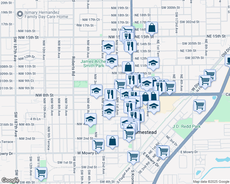 map of restaurants, bars, coffee shops, grocery stores, and more near 822 Northwest 1st Avenue in Homestead