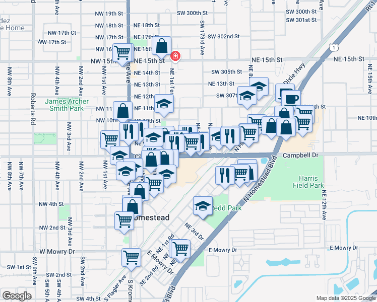 map of restaurants, bars, coffee shops, grocery stores, and more near 261 Northeast 8th Street in Homestead