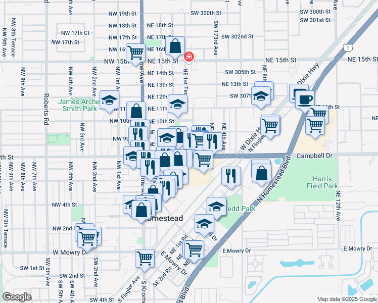 map of restaurants, bars, coffee shops, grocery stores, and more near 183 Northeast 8th Street in Homestead