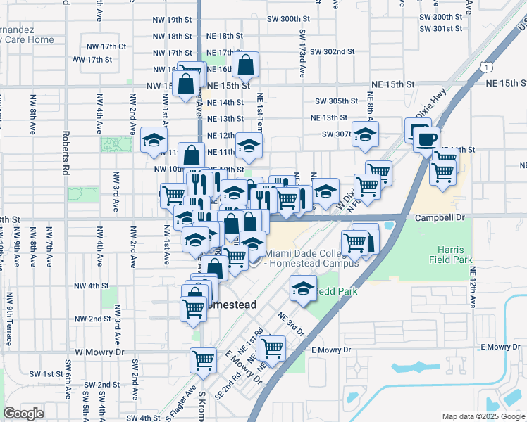 map of restaurants, bars, coffee shops, grocery stores, and more near 183 Northeast 8th Street in Homestead