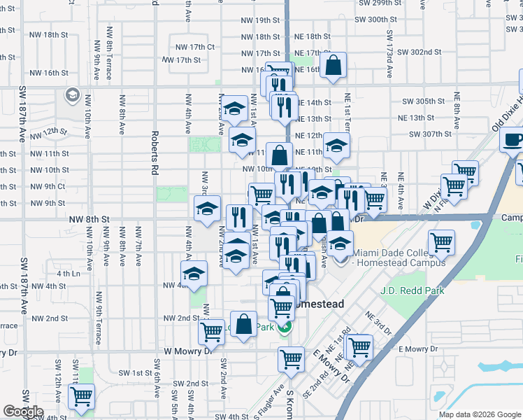 map of restaurants, bars, coffee shops, grocery stores, and more near 822 Northwest 1st Avenue in Homestead