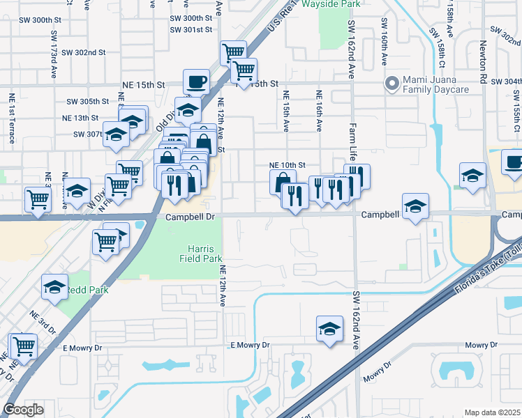 map of restaurants, bars, coffee shops, grocery stores, and more near 1405 Northeast 8th Street in Homestead