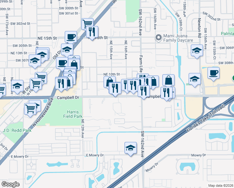 map of restaurants, bars, coffee shops, grocery stores, and more near 1561 Northeast 8th Street in Homestead
