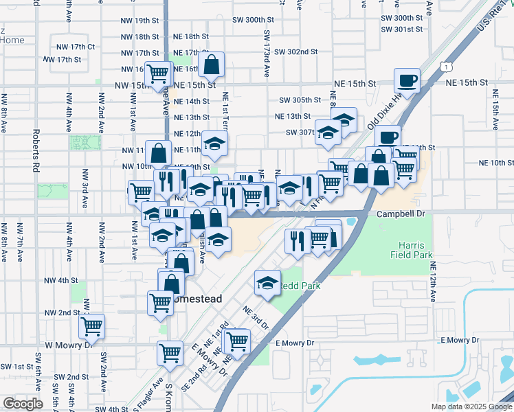 map of restaurants, bars, coffee shops, grocery stores, and more near 261 Northeast 8th Street in Homestead