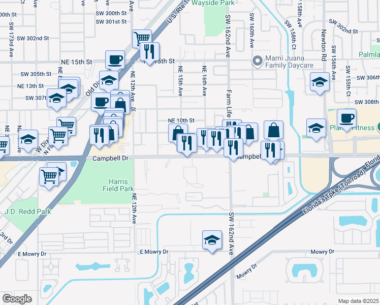 map of restaurants, bars, coffee shops, grocery stores, and more near 1511 Northeast 8th Street in Homestead