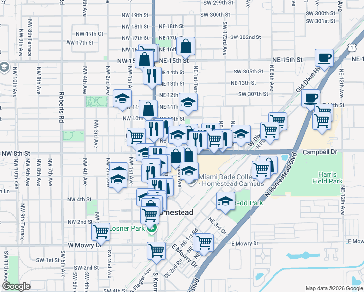 map of restaurants, bars, coffee shops, grocery stores, and more near 125 Northeast 8th Street in Homestead