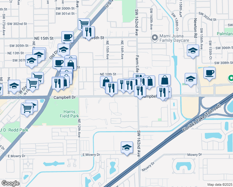 map of restaurants, bars, coffee shops, grocery stores, and more near 1561 Northeast 8th Street in Homestead