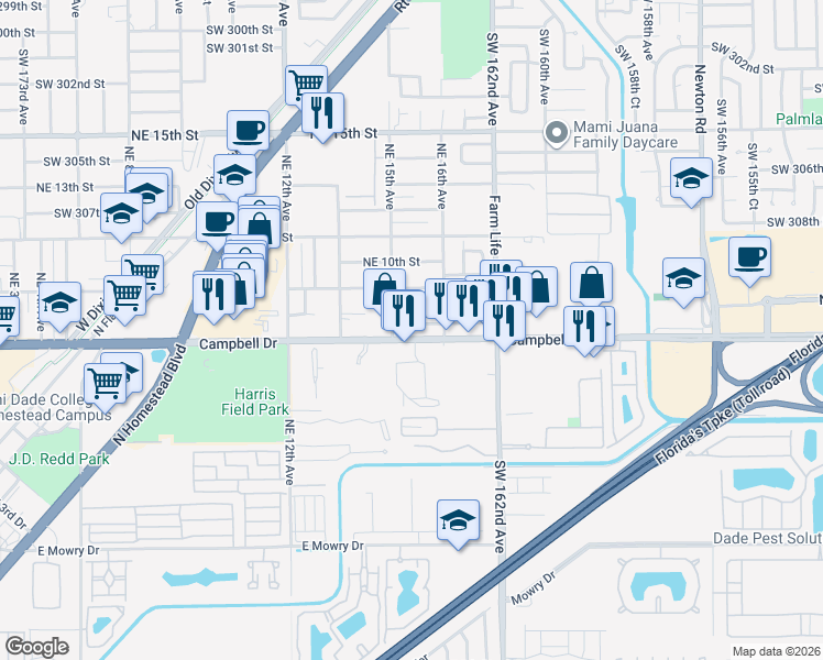 map of restaurants, bars, coffee shops, grocery stores, and more near 1561 Northeast 8th Street in Homestead