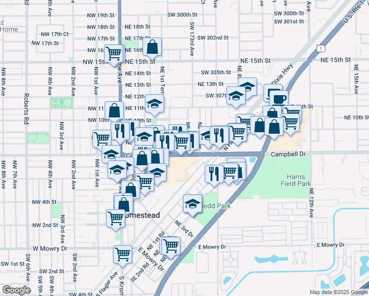 map of restaurants, bars, coffee shops, grocery stores, and more near 261 Northeast 8th Street in Homestead