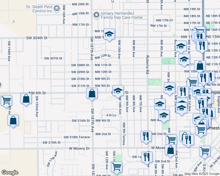 map of restaurants, bars, coffee shops, grocery stores, and more near 1191 Northwest 8th Street in Homestead