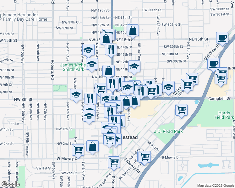 map of restaurants, bars, coffee shops, grocery stores, and more near 55 Northeast 8th Street in Homestead