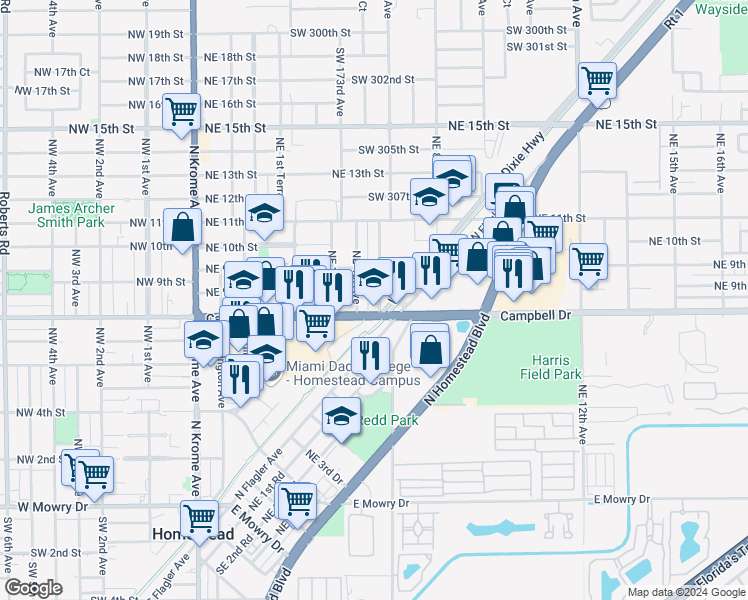 map of restaurants, bars, coffee shops, grocery stores, and more near in Homestead