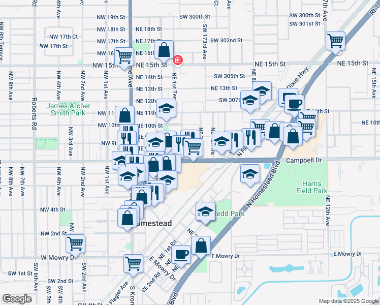 map of restaurants, bars, coffee shops, grocery stores, and more near 261 Northeast 8th Street in Homestead