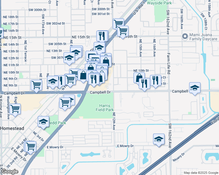 map of restaurants, bars, coffee shops, grocery stores, and more near 800 Northeast 12th Avenue in Homestead