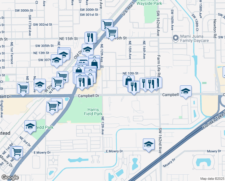 map of restaurants, bars, coffee shops, grocery stores, and more near 1239 Northeast 8th Street in Homestead