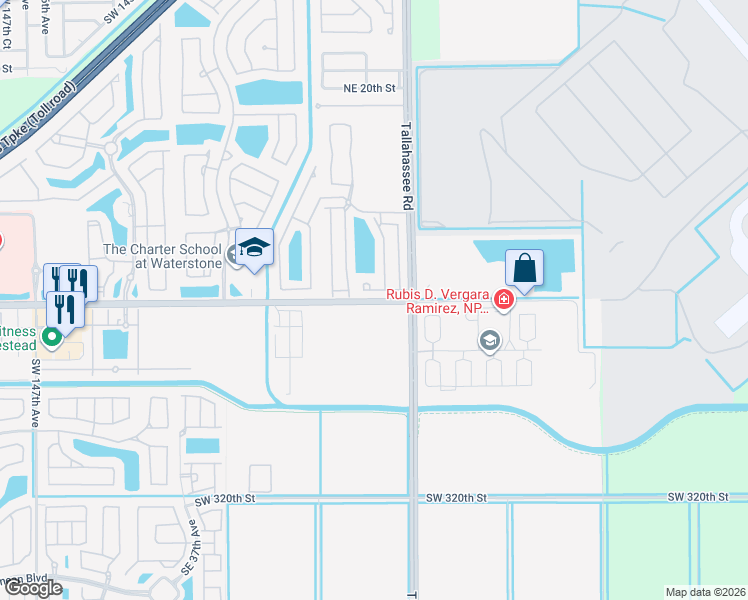 map of restaurants, bars, coffee shops, grocery stores, and more near Southwest 312th Street in Homestead