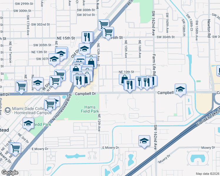 map of restaurants, bars, coffee shops, grocery stores, and more near 1239 Northeast 8th Street in Homestead