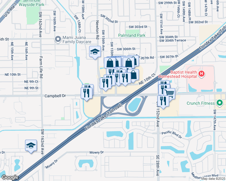 map of restaurants, bars, coffee shops, grocery stores, and more near 2495 Northeast 8th Street in Homestead