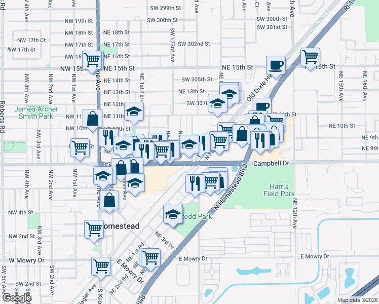map of restaurants, bars, coffee shops, grocery stores, and more near in Homestead