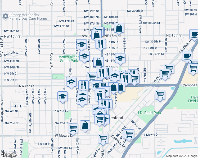 map of restaurants, bars, coffee shops, grocery stores, and more near 25 Northwest 8th Street in Homestead