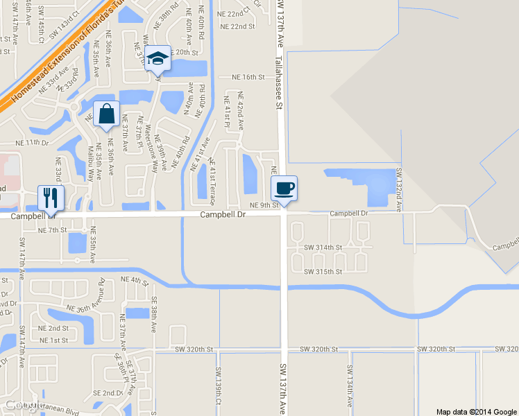 map of restaurants, bars, coffee shops, grocery stores, and more near 4254 Northeast 9th Street in Homestead
