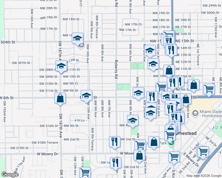 map of restaurants, bars, coffee shops, grocery stores, and more near 725 Northwest 8th Street in Homestead