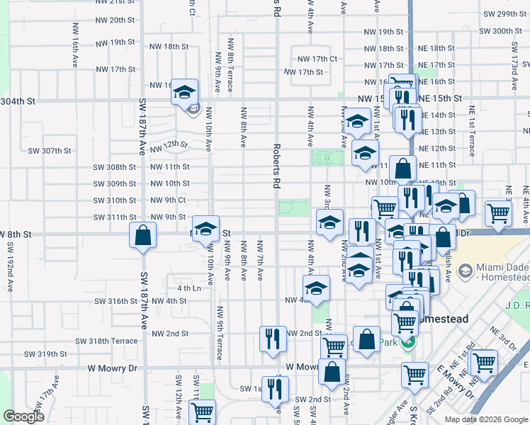 map of restaurants, bars, coffee shops, grocery stores, and more near 725 Northwest 8th Street in Homestead