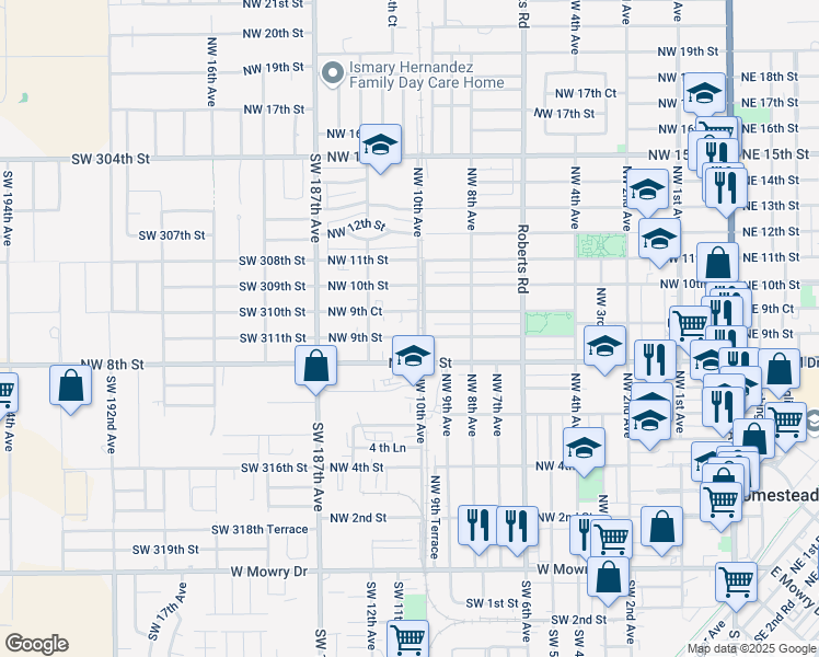 map of restaurants, bars, coffee shops, grocery stores, and more near 1013 Northwest 9th Court in Homestead