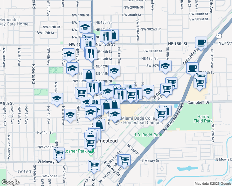 map of restaurants, bars, coffee shops, grocery stores, and more near 126 Northeast 9th Court in Homestead