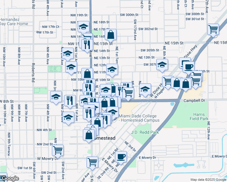 map of restaurants, bars, coffee shops, grocery stores, and more near 126 Northeast 9th Court in Homestead