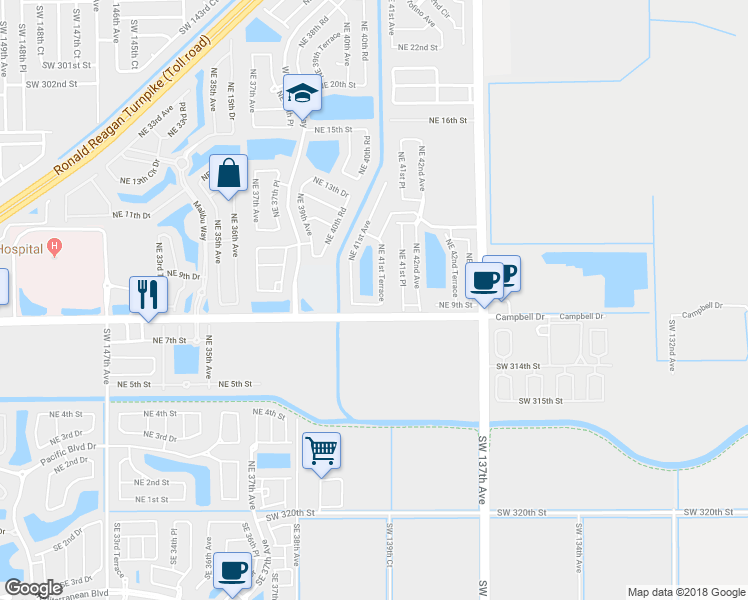 map of restaurants, bars, coffee shops, grocery stores, and more near 4139 Northeast 9th Street in Homestead