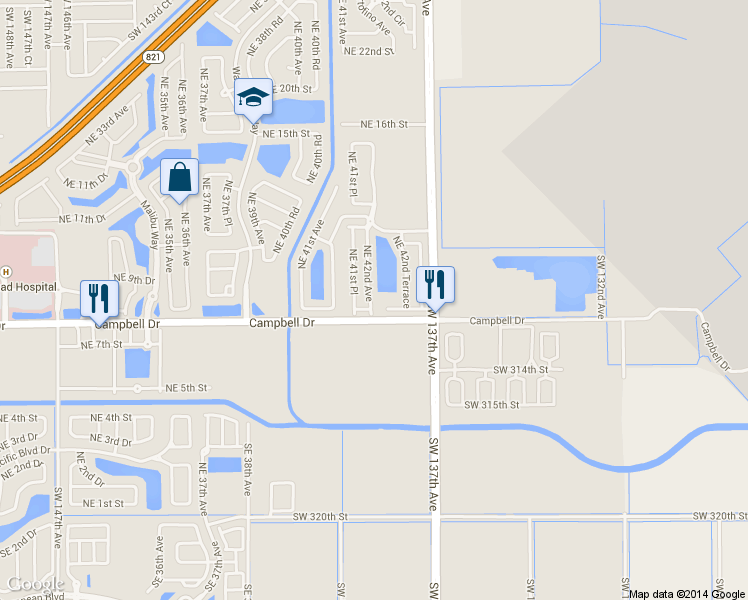 map of restaurants, bars, coffee shops, grocery stores, and more near 956 Northeast 42nd Avenue in Homestead