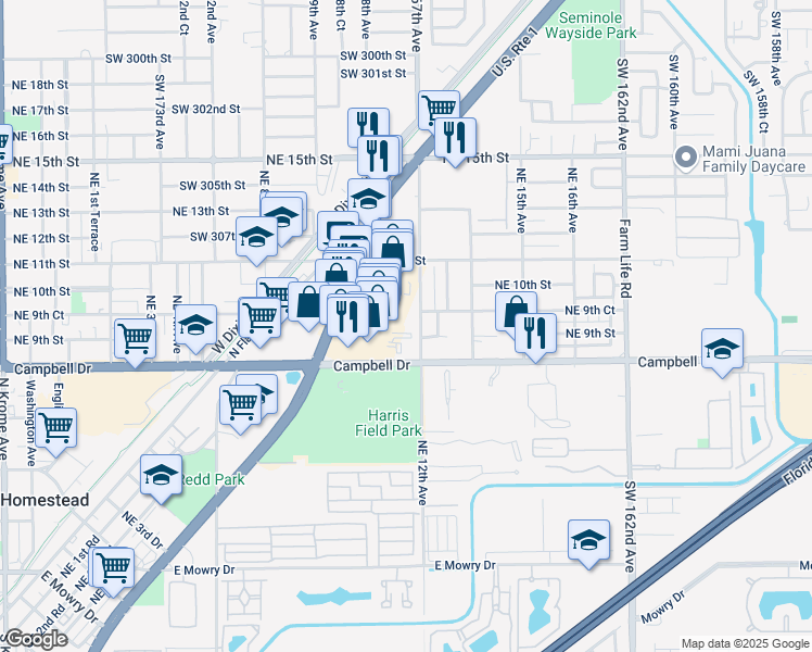 map of restaurants, bars, coffee shops, grocery stores, and more near 800 Northeast 12th Avenue in Homestead