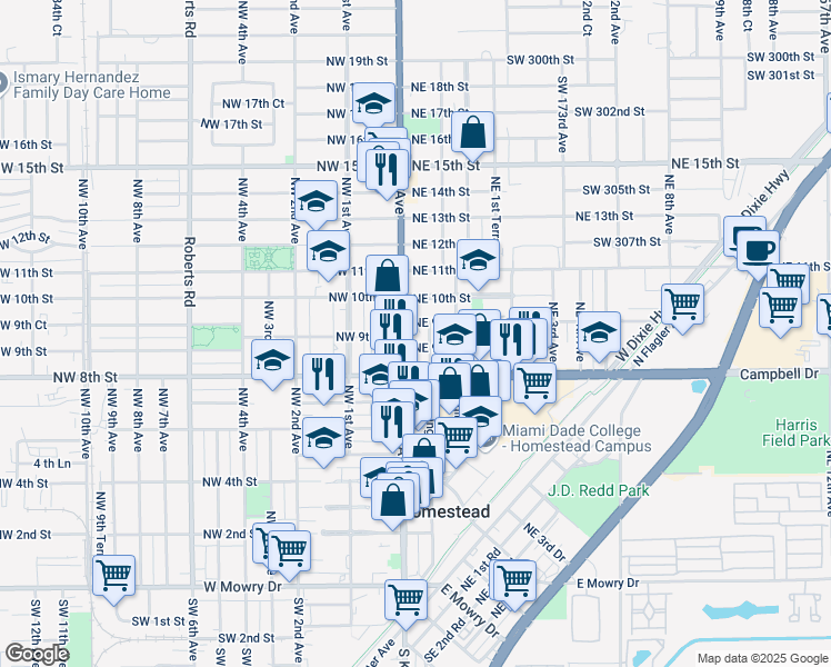 map of restaurants, bars, coffee shops, grocery stores, and more near 45 Northeast 9th Court in Homestead