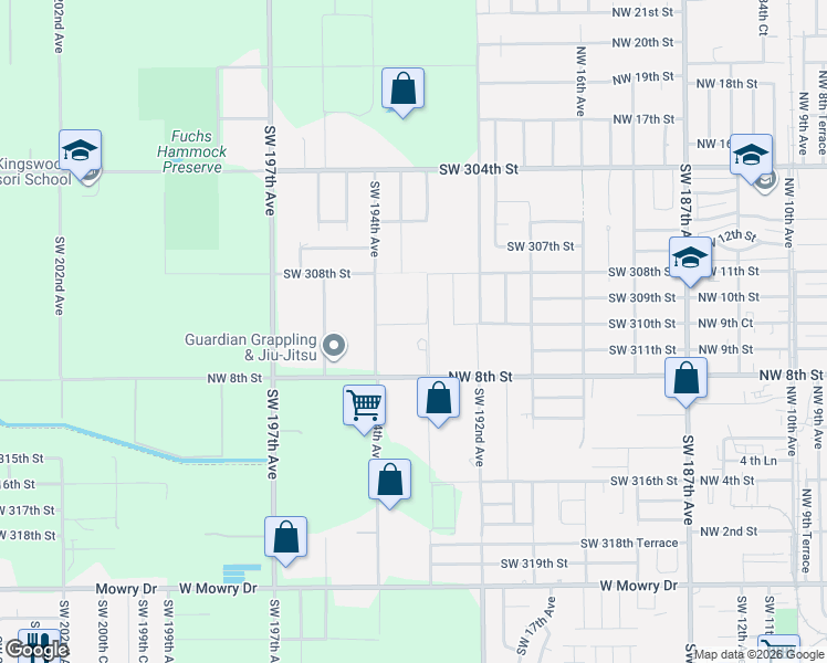 map of restaurants, bars, coffee shops, grocery stores, and more near 19335 Southwest 310th Street in Homestead