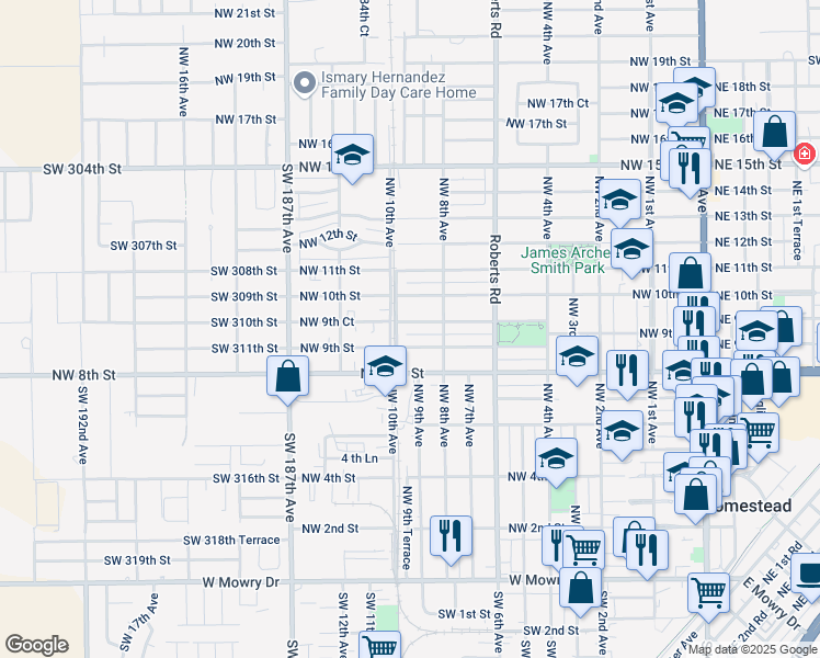 map of restaurants, bars, coffee shops, grocery stores, and more near 948 Northwest 9th Court in Homestead