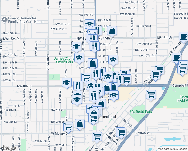map of restaurants, bars, coffee shops, grocery stores, and more near 906 North Krome Avenue in Homestead