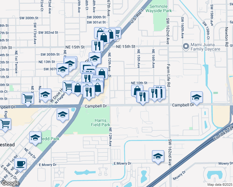 map of restaurants, bars, coffee shops, grocery stores, and more near 955 Northeast 13th Avenue in Homestead