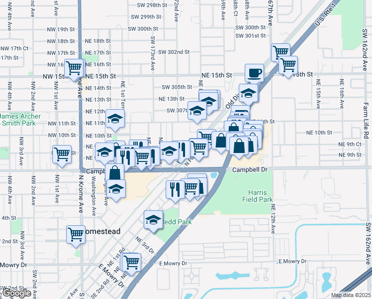 map of restaurants, bars, coffee shops, grocery stores, and more near 604 Northeast 9th Court in Homestead