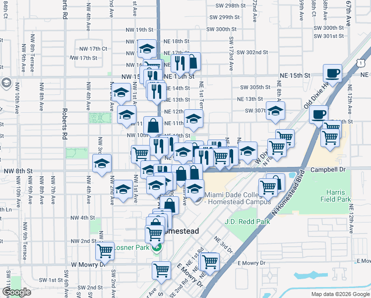 map of restaurants, bars, coffee shops, grocery stores, and more near 126 Northeast 9th Court in Homestead