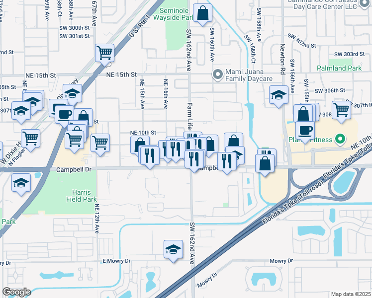 map of restaurants, bars, coffee shops, grocery stores, and more near 975 Southwest 162nd Avenue in Homestead