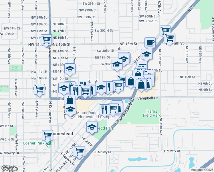 map of restaurants, bars, coffee shops, grocery stores, and more near 604 Northeast 9th Court in Homestead