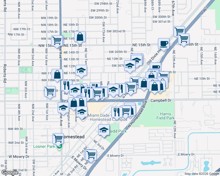 map of restaurants, bars, coffee shops, grocery stores, and more near 949 Northeast 4th Avenue in Homestead