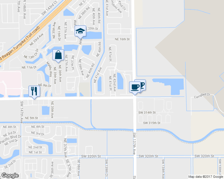 map of restaurants, bars, coffee shops, grocery stores, and more near 951 Northeast 41st Place in Homestead